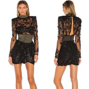 Zhivago Mulwala Sequin Embellished Sheer Sleeve Mini Dress Black Women's Size 2